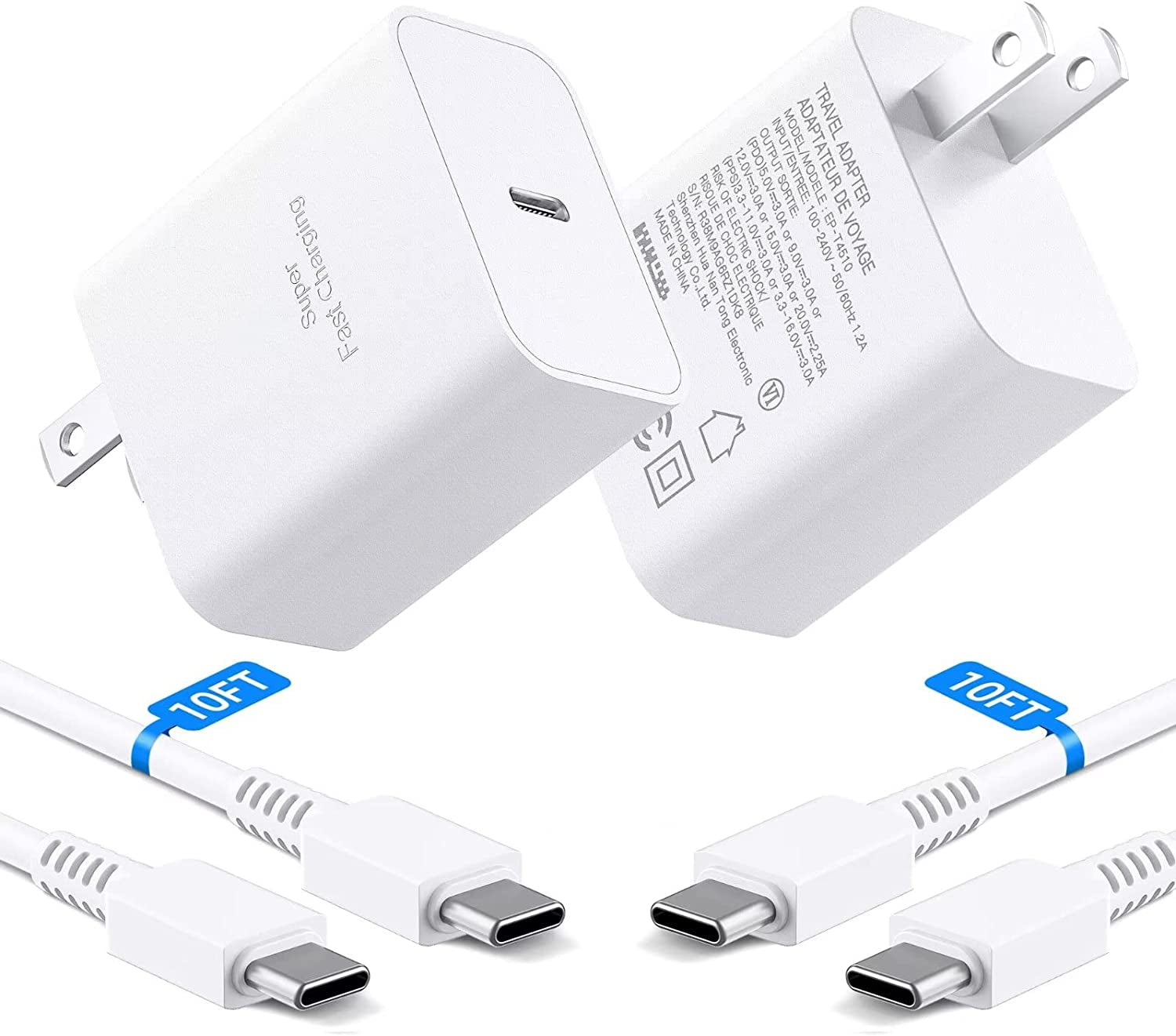 45W Super Fast Charging USB Type C Wall Charger Block for Samsung Galaxy S23 Ultra/S23/S23+/S22 Ultra/S22+/S22/Note 10/Note 20/S20/S21/S10, Galaxy Tab S7/S8 Ultra, Galaxy A, PPS Charger & 6Ft C Cable  BOVICAS White(2-Pack) 10ft 