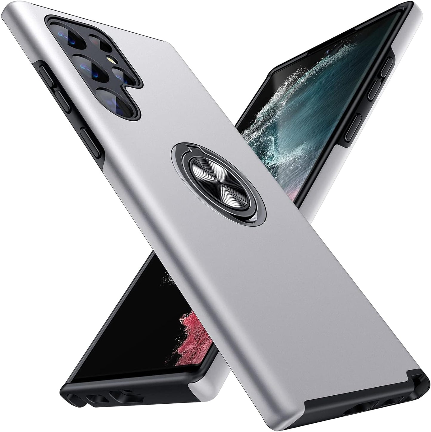 JAME for Samsung Galaxy S22 Ultra Case, [NOT for S22 or S22 Plus], Slim Soft Bumper Protective Case for Samsung S22 Ultra Case, with Invisible Ring Holder Kickstand for Galaxy S22 Ultra Case, Pink  XJXIN Silver  