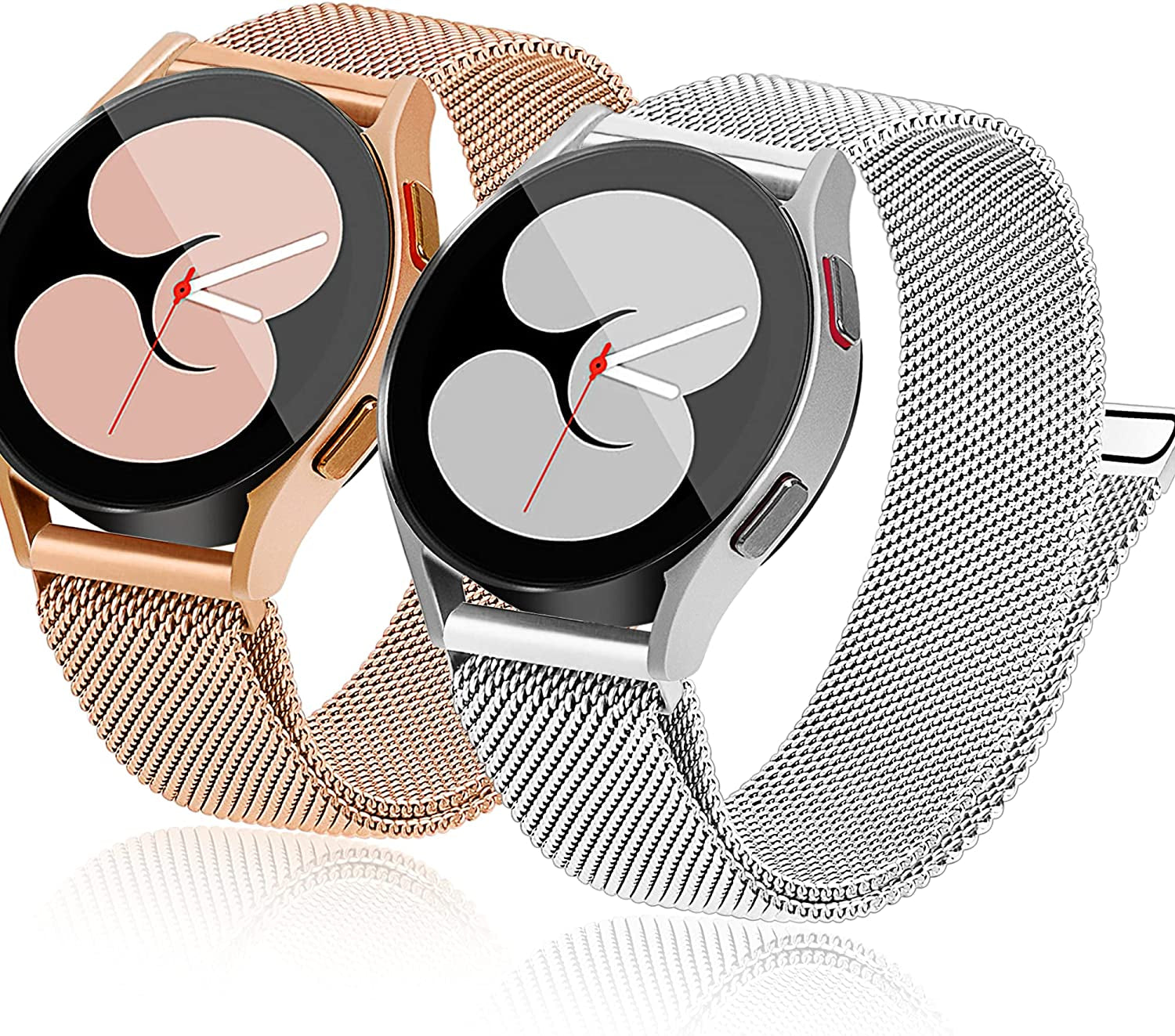 3 Packs Upgrade Double Magnetic Galaxy Watch 5/4 Band, Mesh Loop 20Mm Breathable & Comfortable Band, Compatible with Samsung Watch 5 Band/Galaxy Watch 4 Band/Watch 5 Pro Band/Active 2/ Watch 3 41Mm  YGTIECS Rose Gold and Silver 20mm 