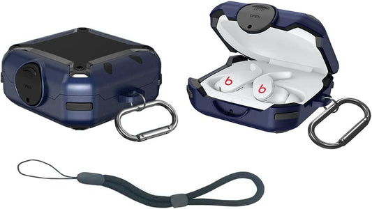 For Beats Fit Pro 2021 Case Cover with Lock, Protective Case for Men Military Hard Rugged Shockproof Cover with Keychain and Lanyard (Blue)  Yuefei Huang   