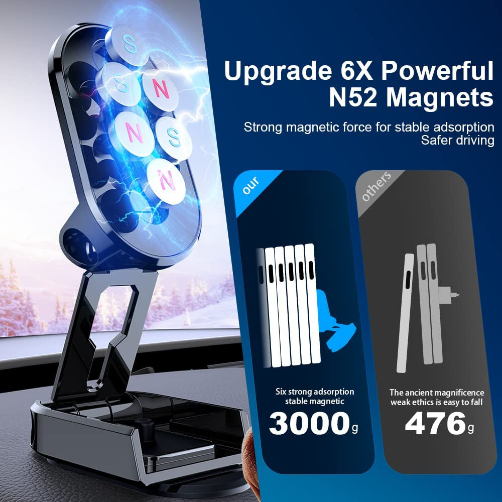 【 2-PACK】2023 New Alloy Folding Magnetic Car Phone Holder, Magnetic 360° Rotation Car Phone Holder, Universal Dashboard Car Phone Mount, Folding Magnetic Phone Holder for Car (Black+Silver)  FEIJIUKJ   