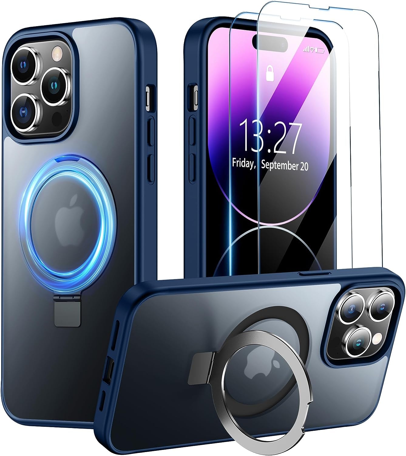 SPIDERCASE for Iphone 14 plus Case with Magnetic Invisible Stand,[Compatible for Magsafe][Military Grade Shockproof][2 Pack Tempered Glass Screen Protector] Translucent Matte Phone Case, Black  SPIDERCASE Blue Iphone 14 Pro 