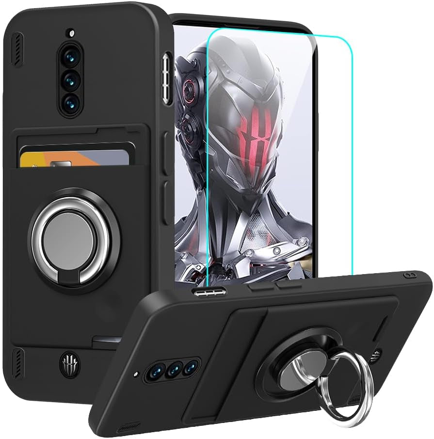 Anneey for Oneplus 11 5G Phone Case with Tempered Glass Screen Protector, Card Holder with Ring Stand Case for 1+ 11 5G Cover - Black  Anneey   