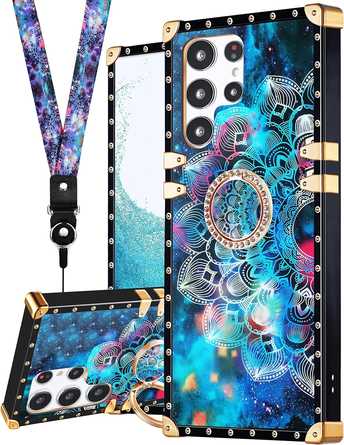 Loheckle for Samsung Galaxy S22 Ultra Case for Women Girls with Ring Stand Holder and Lanyard, Marble Camo Retro Luxury Glamour Cute Square Edges Phone Cover for S22 Ultra  JianKeJi 4-Mandala-S22-Ultra  