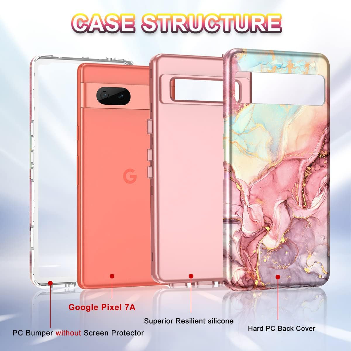 Btscase for Google Pixel 7A Case, [5 in 1] with 2 Pack Screen Protector + 2 Pack Camera Lens Protector, Marble Pattern Full Body Three Layer Rugged Shockproof Protective Cover (2023), Rose Gold  Btscase   