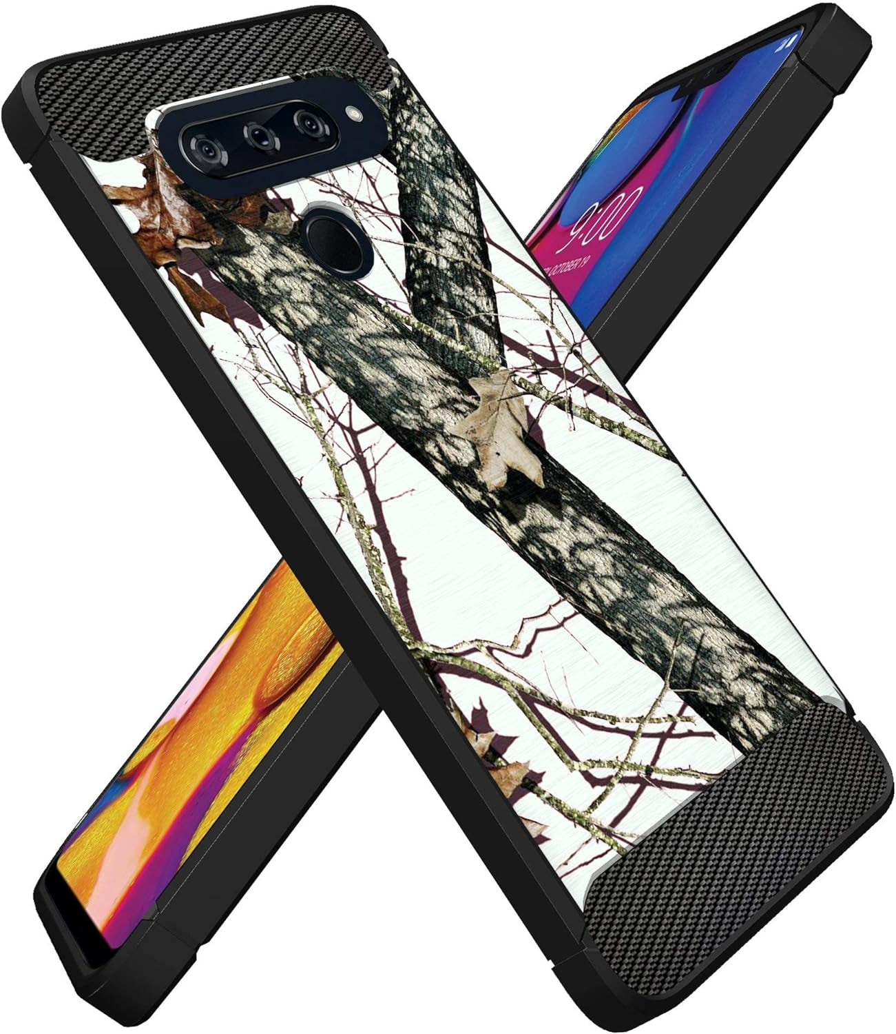 Cases on Deck White Case Compatible with [LG V40 Thinq] Hunters Series Slim No Bulk Carbon Fiber Texture Black Flexible TPU Material (Snow Hunters Camo)  CasesonDeck   