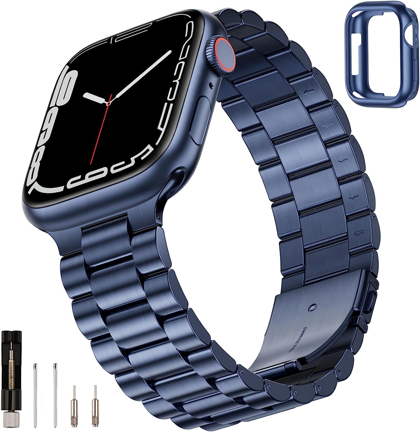 SUNFWR Compatible with Apple Watch Band 45Mm 44Mm 42Mm for Men Women, Stainless Steel Metal Iwatch Band with Case for Apple Watch Series 8/7/6/5/4/3/2/1/SE/SE2 (Black, 42Mm/44Mm/45Mm)  SUNFWR Blue 38mm/40mm/41mm 