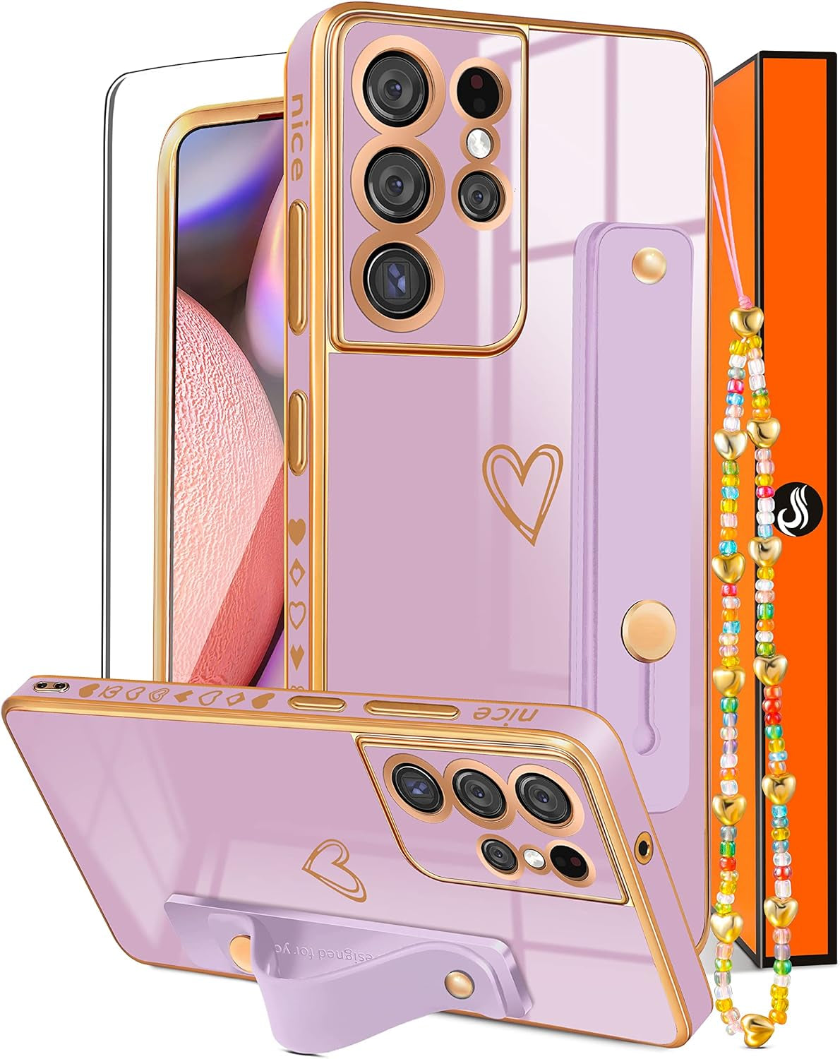 Likiyami (3In1 for Samsung Galaxy S21 Ultra Case Heart Women Girls Cute Girly Aesthetic Trendy Luxury Pretty with Loop Phone Cases Purple Lavender Plating Love Hearts Cover+Screen+Chain -6.8 Inch  Likiyami   