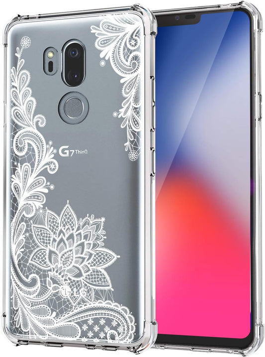KIOMY Flower Shockproof Case for LG G7, LG G7 Thinq Clear with White Lace Design Bumper Protective Flexible Slim Fit Cell Phone Back Cover Girly Henna Floral Gel Rubber TPU for Women Girl  KIOMY   