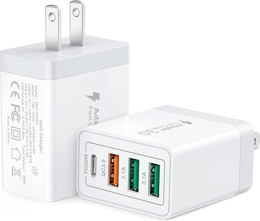 [2 Pack] USB-C Wall Charger, 40W Durable 4Port QC+PD 3.0 Power Adapter, Double Fast Plug Charging Block for Iphone 14/14 Pro/14 Pro Max/14 Plus/13/12/11, XS/XR/X, Watch Series 8/7 Cube(White)  CSODINCE   