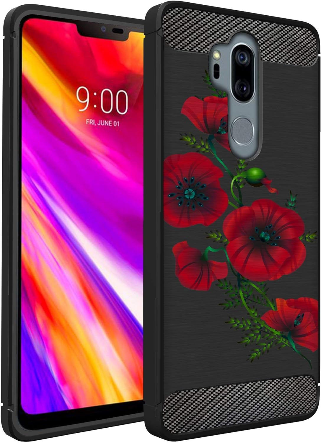 Casesondeck Case Compatible with [LG G7 / LG G7 Thinq] Tribal Floral Matte TPU Flexible Carbon Fiber Textured (Horse Tribal)  CasesonDeck Red Vine Flower  