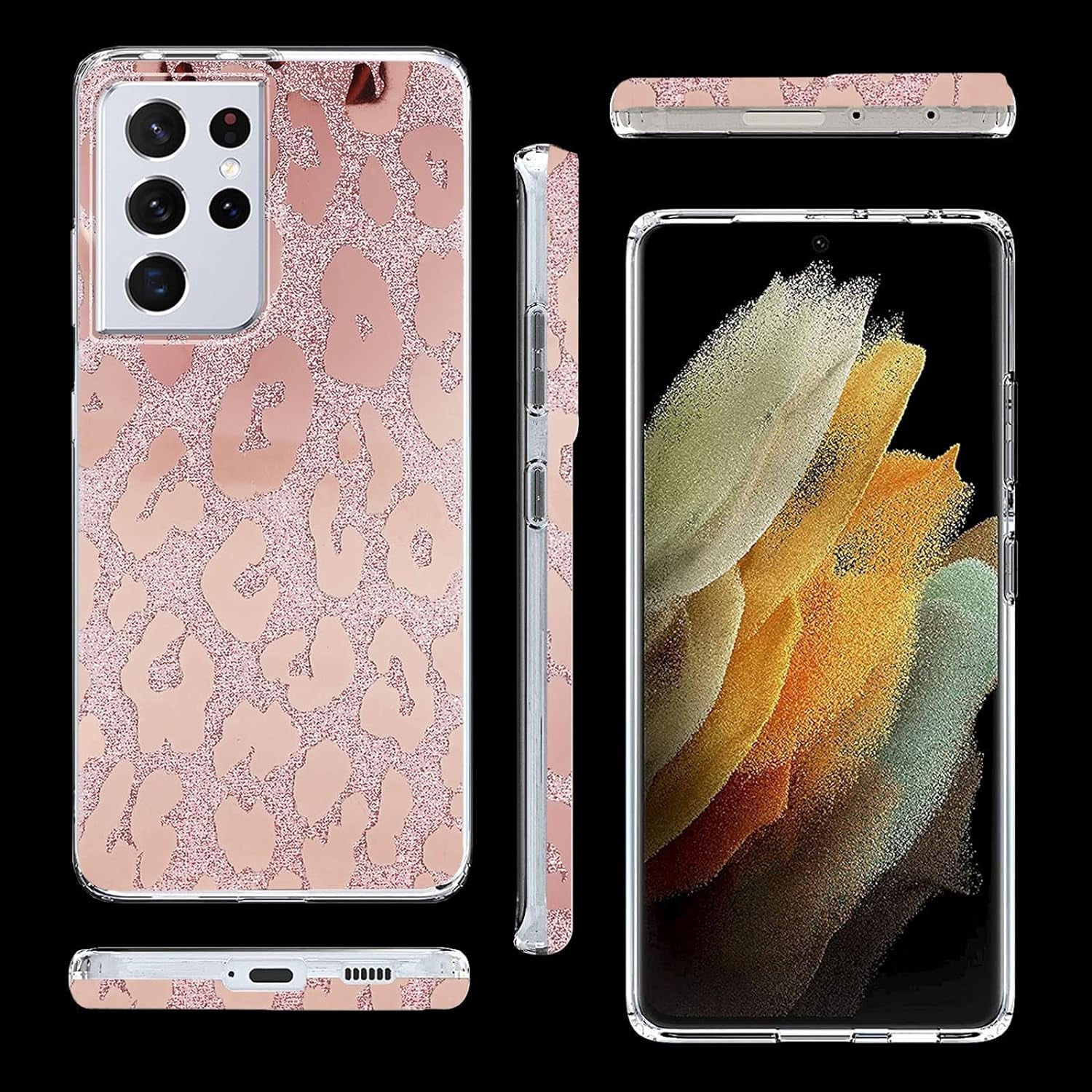J.West Galaxy S21 Ultra 5G Case 6.8-Inch,Luxury Saprkle Bling Glitter Leopard Print Design Soft Metallic Slim Protective Phone Cases for Women Girls Clear TPU Bumper Silicone Cover Case Rose Gold  J.west   