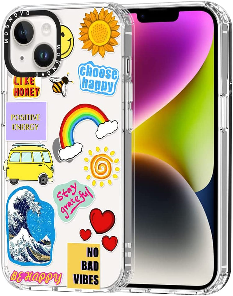 MOSNOVO Compatible with Iphone 14 Case, [Buffertech 6.6 Ft Drop Impact] [Anti Peel off Tech] Clear TPU Bumper Women Girl Phone Case Cover with Cute Cherry Designed for Iphone 14 6.1"  MOSNOVO Positive Vibes  