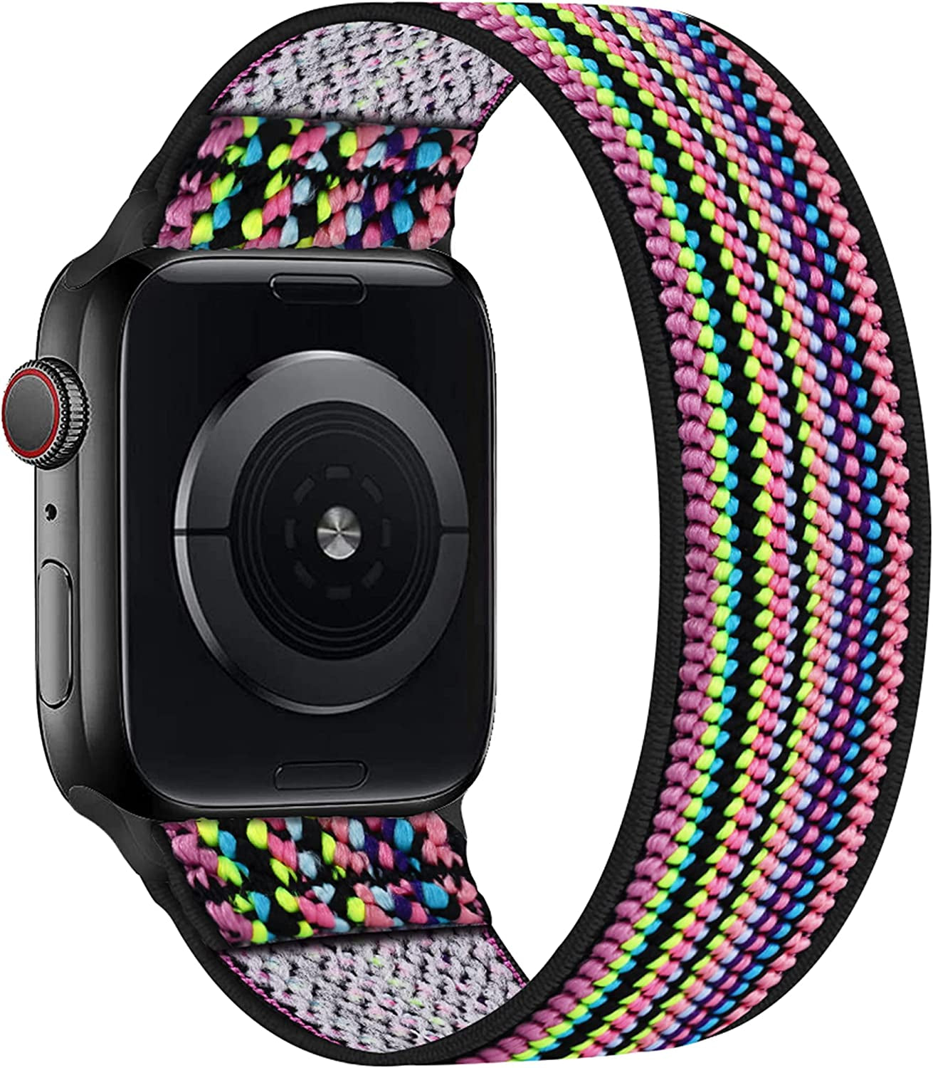 ENJINER Stretchy Nylon Solo Loop Bands Compatible with Apple Watch 38Mm 40Mm 41Mm 42Mm 44Mm 45Mm 49Mm Ultra Iwatch Series 8 7 SE 6 5 4 3 2 1 Strap, Sport Elastic Braided Women Men No Buckles Clasps Replacement Wristband  ENJINER Boho Colorful Rainbow 42/44/45/49mm S(wrists 5.71"-6.77"/145-172mm) 