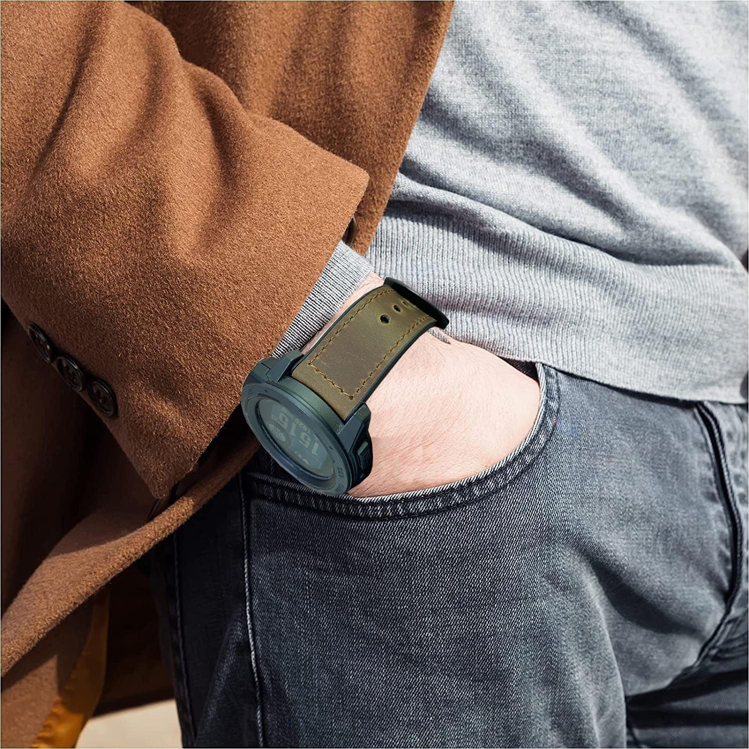 GARTOO Leather Watch Band for Garmin Instinct/Instinct 2 Solar, Soft Genuine Leather with Silicone Sweatproof Wrist Strap for Garmin Instinct Tactical/Tide/Esports/Instinct Solar-Max Wrist 8.1"  GARTOO   