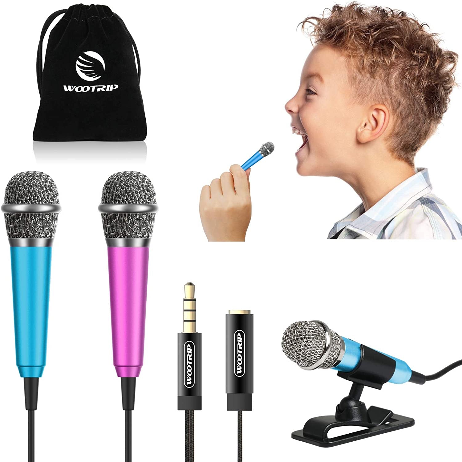 Mini Microphone, Wootrip Karaoke Tiny Microphone for Voice Recording Interview, Portable Small Singing Mic 3.5Mm Plug with Stand Suitable for Android Phone,Iphone,Ipad, Laptop (Rose Gold)  Wootrip Blue and Rose Red  