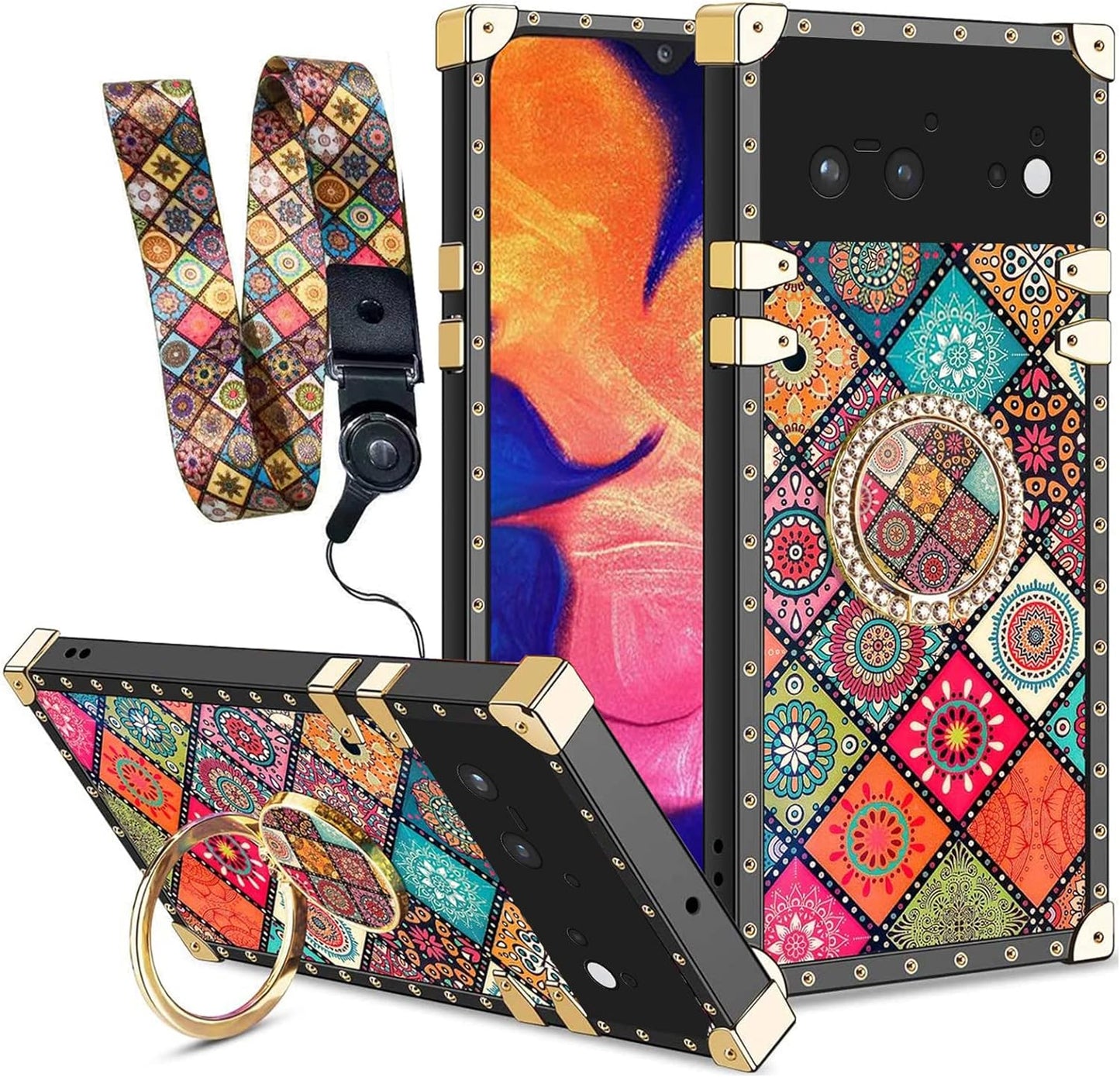 Nancheng Case for Google Pixel 6A (Not Pixel 6/6 Pro) Square Back Cover Design Colorful Petal Stars Sky with Diamond Holder Ring Strap Lanyard Shockproof Protective Phone Case for Pixel 6A - Flowers  nancheng Pixel 6-Mandala  