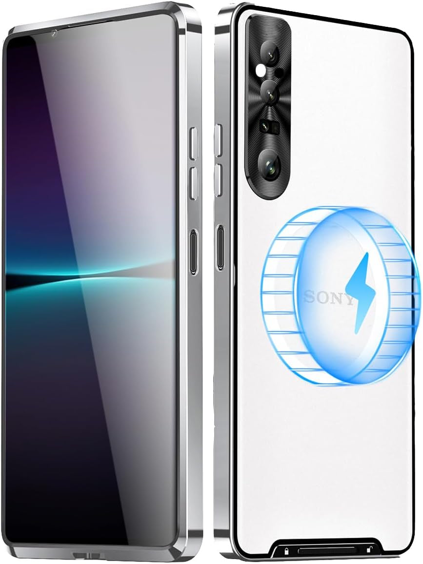 Metal Case for Sony Xperia 1 V (2023), Military-Grade Metal Bumper Shockproof Translucent Cover Matte PC Back Cover with Magnetic Wireless Chager Camera Lens Protection for Sony Xperia 1 V (Black)  YZBYFON Silver 1 V 