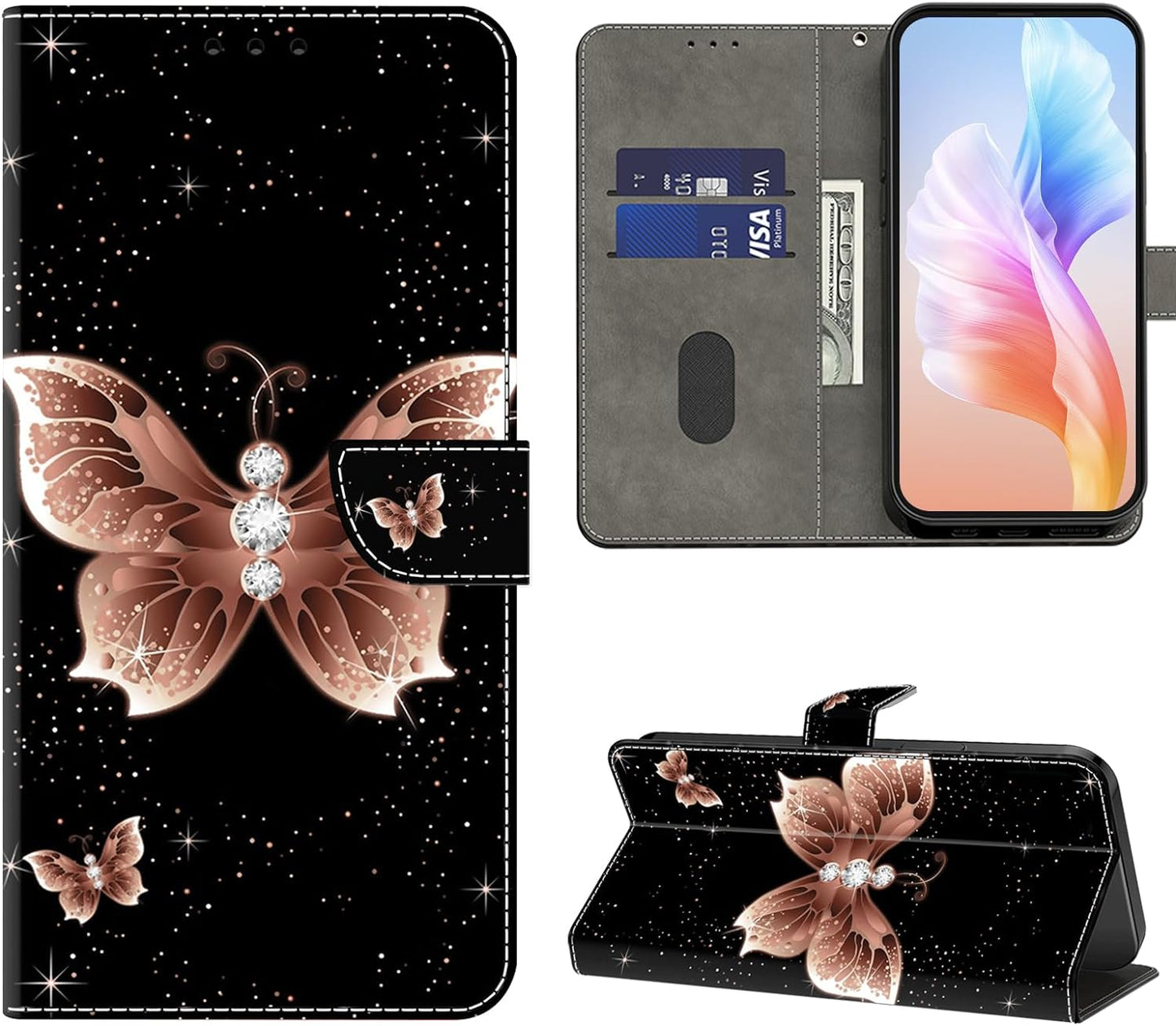 VODEFOX Case for LG G7 Thinq/Lg G7, PU Leather Wallet Case for LG G7 Thinq/Lg G7 6.1", Cute 3D Cartoon Design Card Slot Magnetic Closure Stand Protective Cover for Women - Golden Butterfly  VODEFOX Pink Diamond Butterfly Lg G7 Thinq 