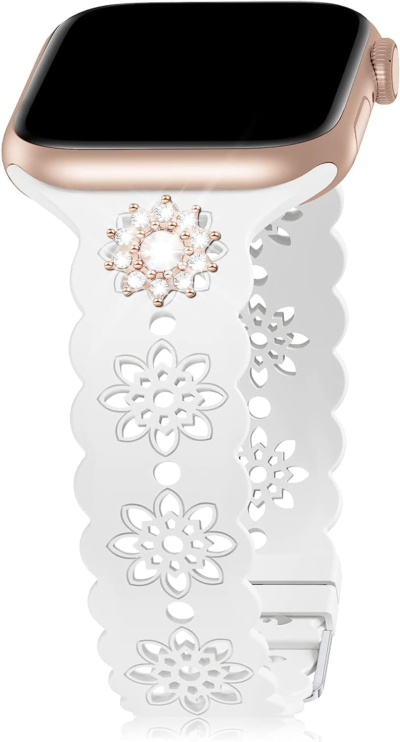 Floral Silicone Band Compatible with Apple Watch Bands 38Mm 40Mm 42Mm 44Mm 41Mm 45Mm 49Mm Women Men, Slim Hollow-Out Design Wristbands Soft Sport Breathable Watch Bands for Iwatch Ultra SE Series 8/7/6/5/4/3/2/1  Wewatri White with Mandala (Rose Gold) 38mm/40mm/41mm 