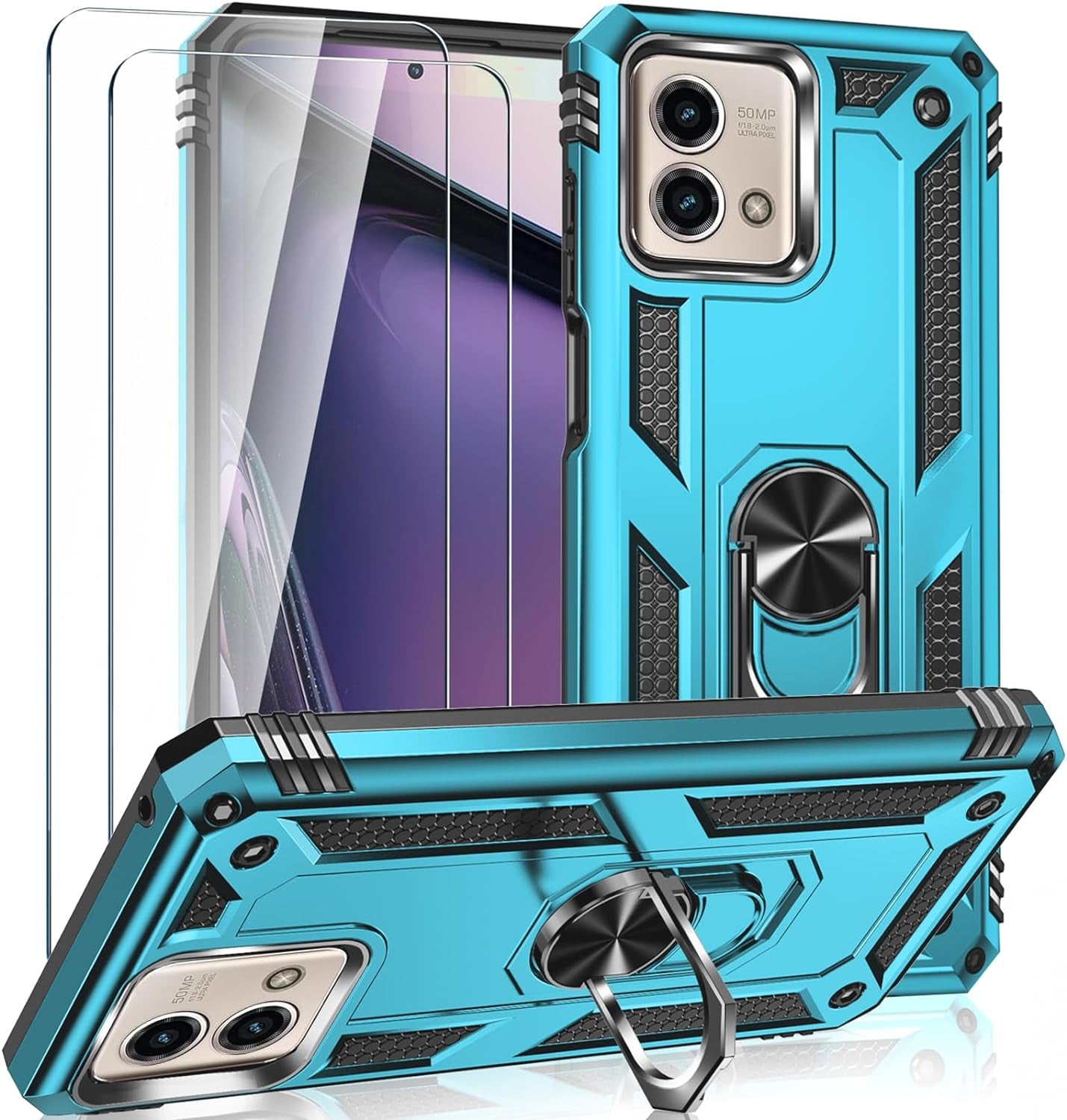 For Motorola Moto G Stylus 5G 2023 Case with 2 Pcs Tempered Glass Screen Protector, [Military-Grade] Rugged Heavy Duty Shockproof Phone Case Cover with Kickstand for Moto G Stylus 5G 2023, Black  Steuscey Teal  
