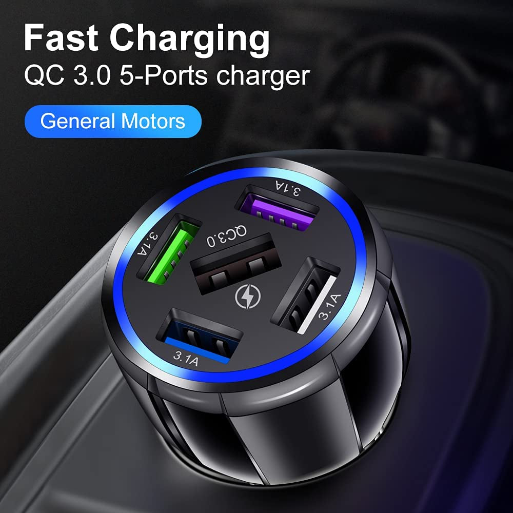 5-Port USB Fast Car Charger, QC3.0 Fast Charging Car Charger Adapter, 5 Multi Port Cigarette Lighter USB Charger, Car Phone Charger Compatible with Iphone/Android/Samsung Galaxy S10 S9 plus and More  Wekttznol/XAYVG   