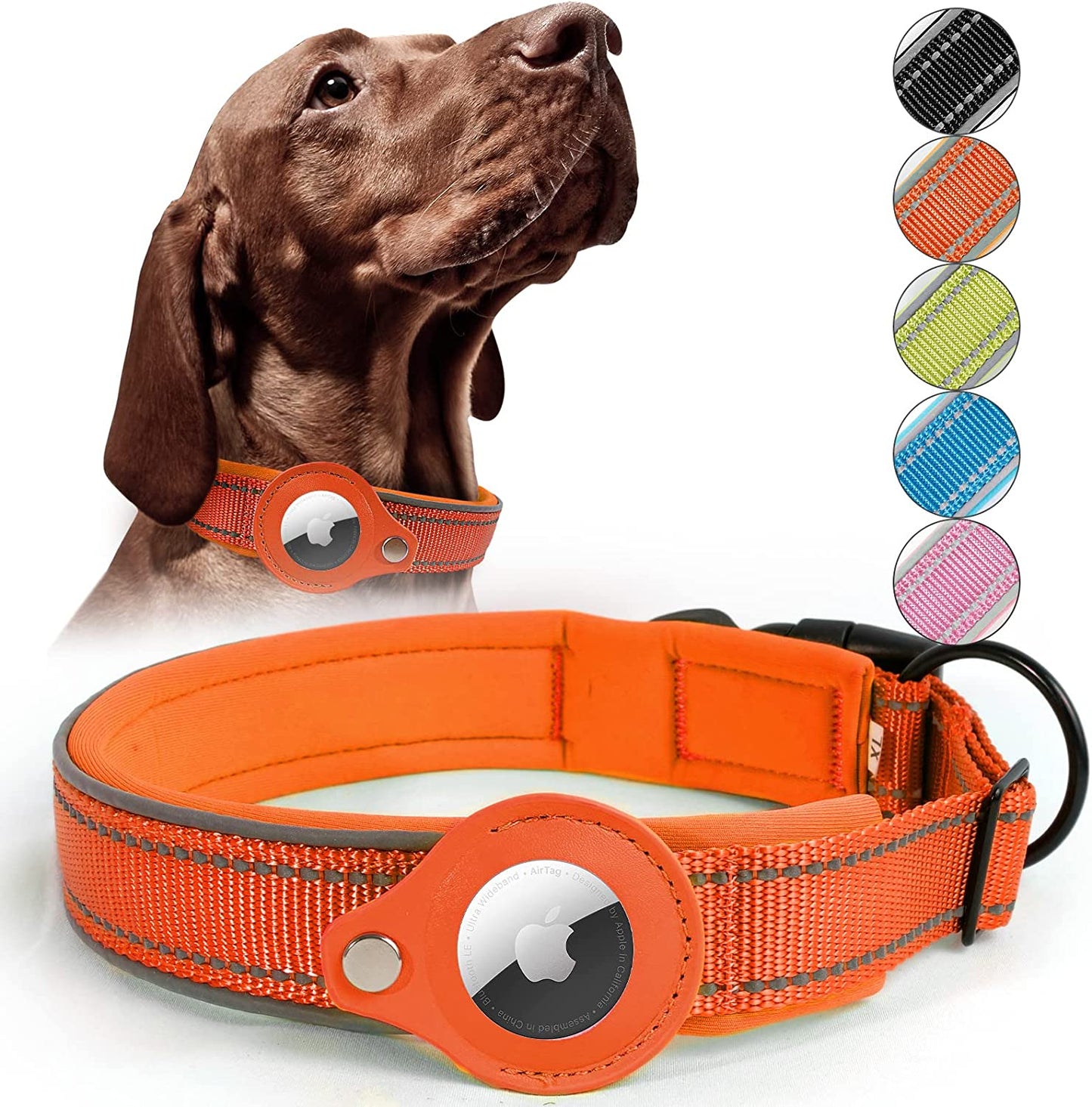 Reflective Airtag Dog Collar, Heavy Duty Apple Air Tag Dog Collar, Padded Pet Collar with 2022 Updated Airtag Dog Collar Holder Case, Adjustable for Small Medium Large Breeds  Taporse Orange Large 16.5“-20” 