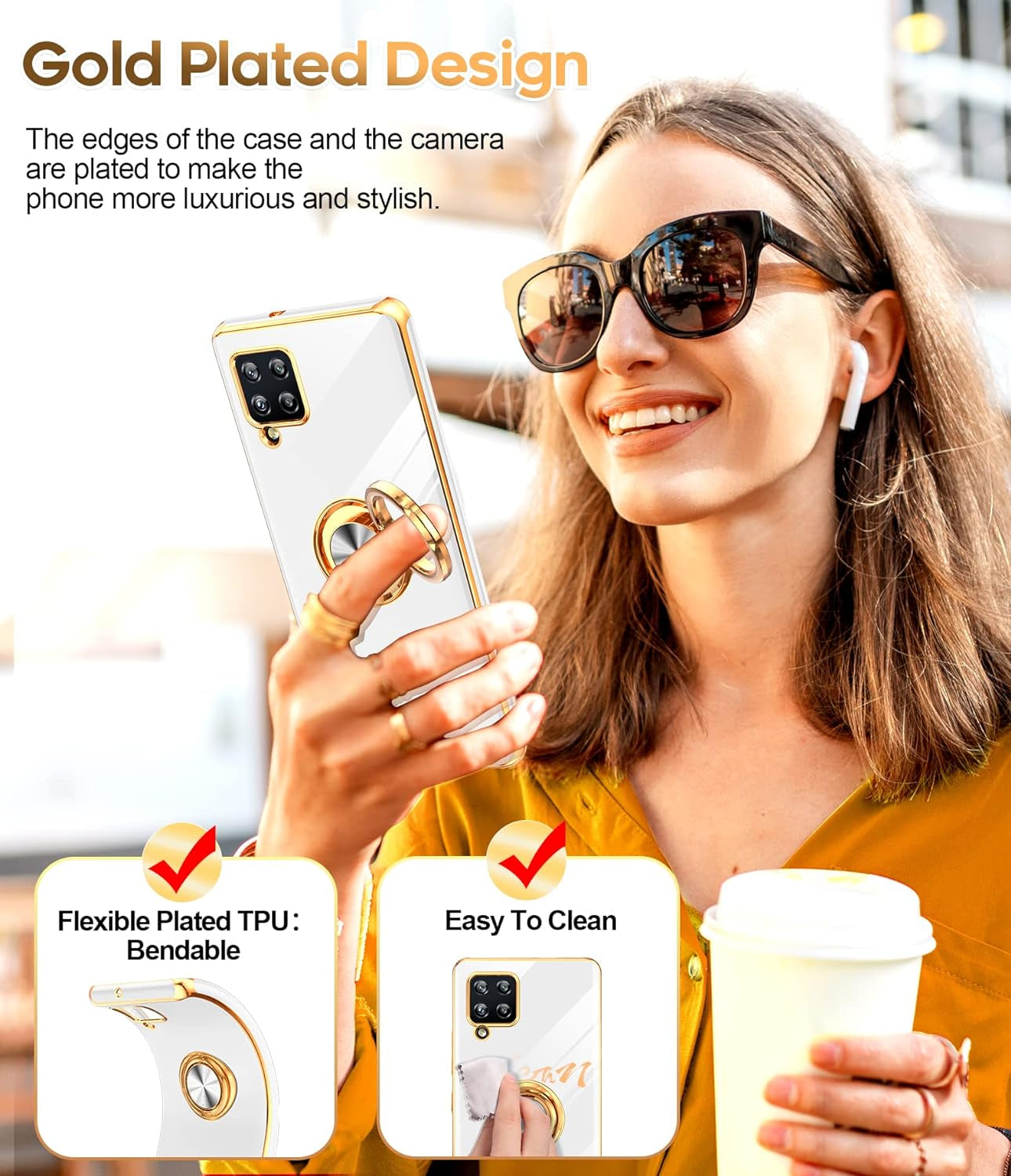 Leyi for Samsung Galaxy A42 5G Case with Tempered Glass Screen Protector [2 Pack] 360° Rotatable Ring Holder Magnetic Kickstand, Plating Rose Gold Edge Protective Case, White  LeYi   