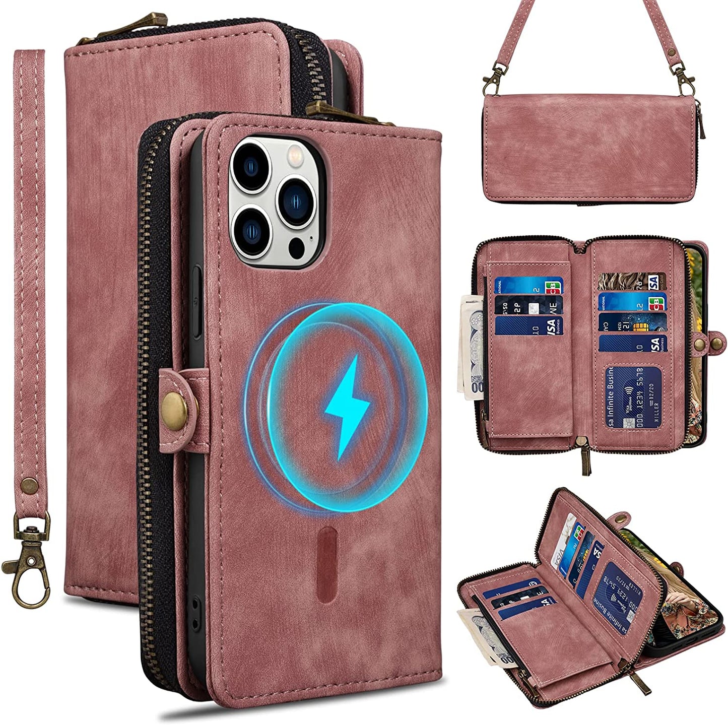 Rssviss for Iphone 12/12 Pro Case Wallet Cover for Women Men, 《RFID Blocking》《Magsafe》Credit Card Holder Leather Strap Zipper Wristlet Iphone 12 Pro Case with Magnetic Shockproof 6.1" Vintage Pink  Rssviss   