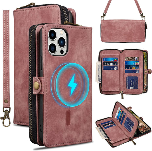 Rssviss for Iphone 12/12 Pro Case Wallet Cover for Women Men, 《RFID Blocking》《Magsafe》Credit Card Holder Leather Strap Zipper Wristlet Iphone 12 Pro Case with Magnetic Shockproof 6.1" Vintage Pink  Rssviss   