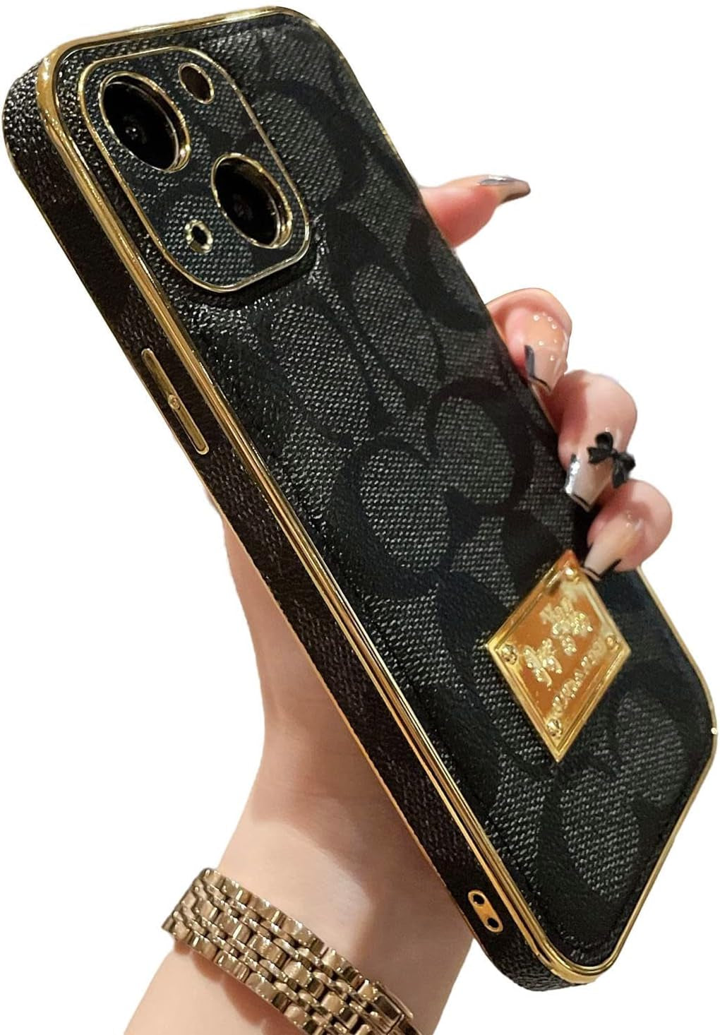 Designer Iphone 14 plus Case for Women Luxury 6.7 Inch, Leather Back Edge with Plate Gold Rim Classic Pattern Bling Glitter Nameplate Camera Protection Cover, Non Slip Shockproof Protective, Khaki  JIUDUIDODO Black For Iphone 13 
