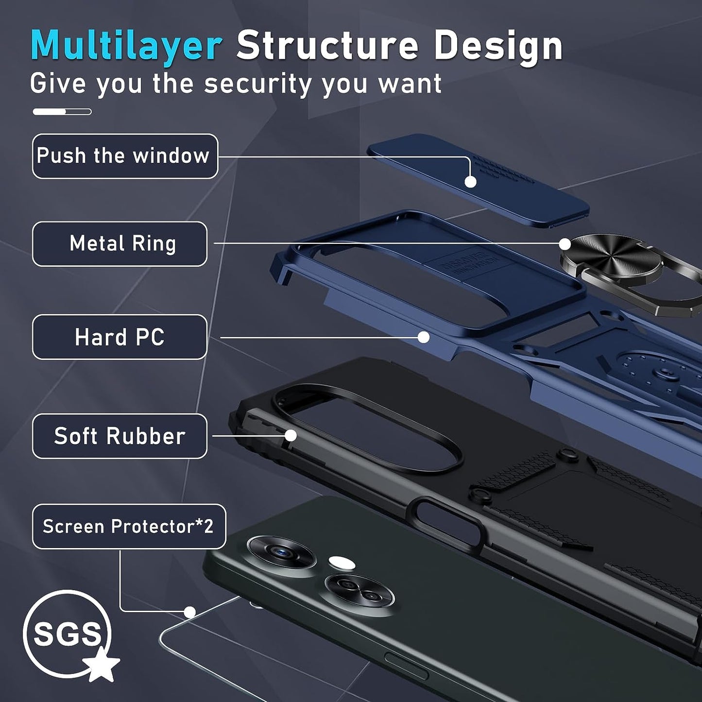 Janmitta Oneplus Nord N30 5G Case Built in Slide Camera Lens Cover+Screen Protector+Finger Ring Holder Kickstand,Heavy Duty Shockproof Full Body Protective Phone Cover,2023 Blue  Janmitta   