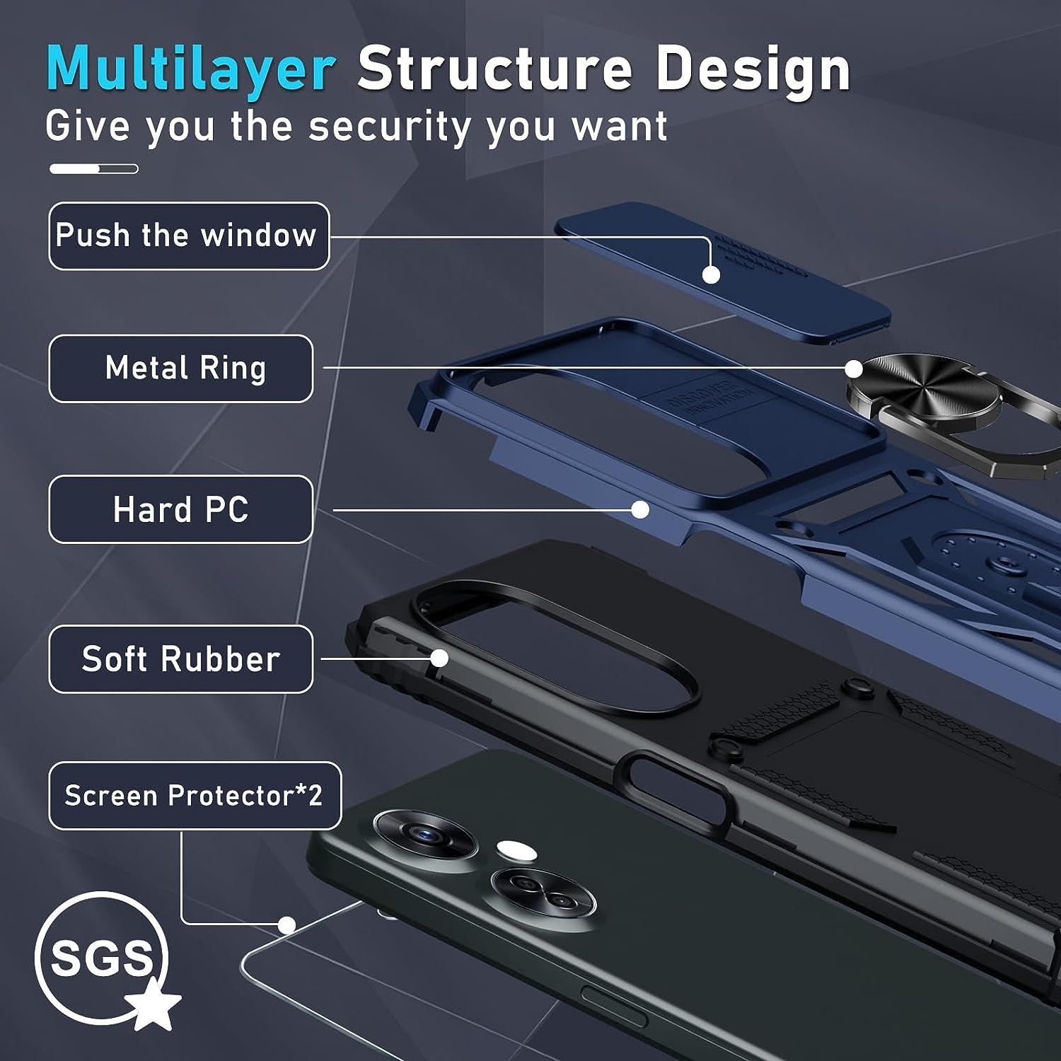 Janmitta Oneplus Nord N30 5G Case Built in Slide Camera Lens Cover+Screen Protector+Finger Ring Holder Kickstand,Heavy Duty Shockproof Full Body Protective Phone Cover,2023 Blue  Janmitta   