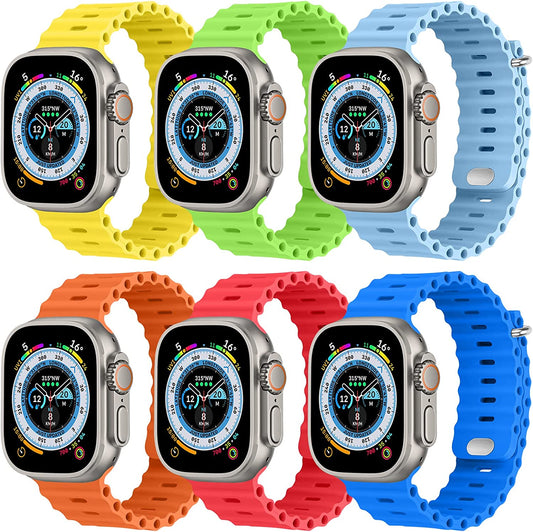 FENICHI 6 Pack Ocean Bands for Apple Watch Band 49Mm 45Mm 44Mm 42Mm 41Mm 40Mm 38Mm, Soft Silicone Waterproof Strap Wristbands for Iwatch Ultra SE Series 8 7 6 5 4 3 2 1 for Women Men Kids  FENICHI   