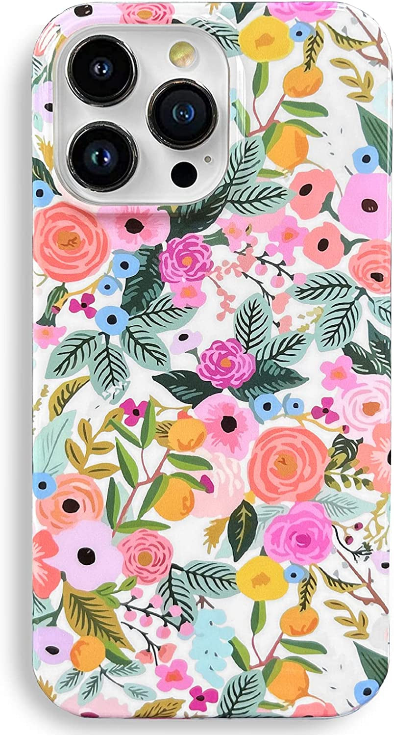 J.West Iphone 14 Pro Case 6.1, Aesthetic Watercolor Minimalist Boho Modern Abstract Prints Slim Geo Line Plant Palm Leaf Pattern Blue Pink Soft TPU Shockproof Cover Protective Phone Case for Women  J.west Garden Rose  