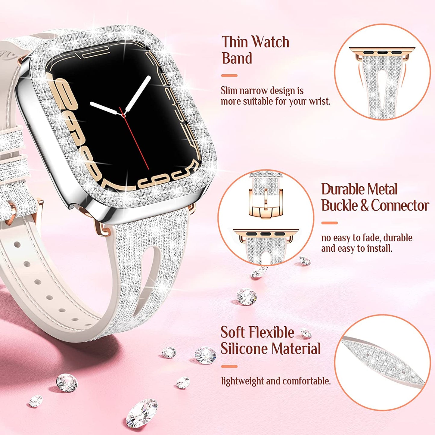 Goton Bling Band +Case for Apple Watch Bands 45Mm 44Mm 41Mm 40Mm 38Mm Series 8 7 SE 6 5 4 3 2 1, Women Glitter Silicone Thin Strap + Bumper Cover Designed for Iwatch Accessories  Yin-Goton   