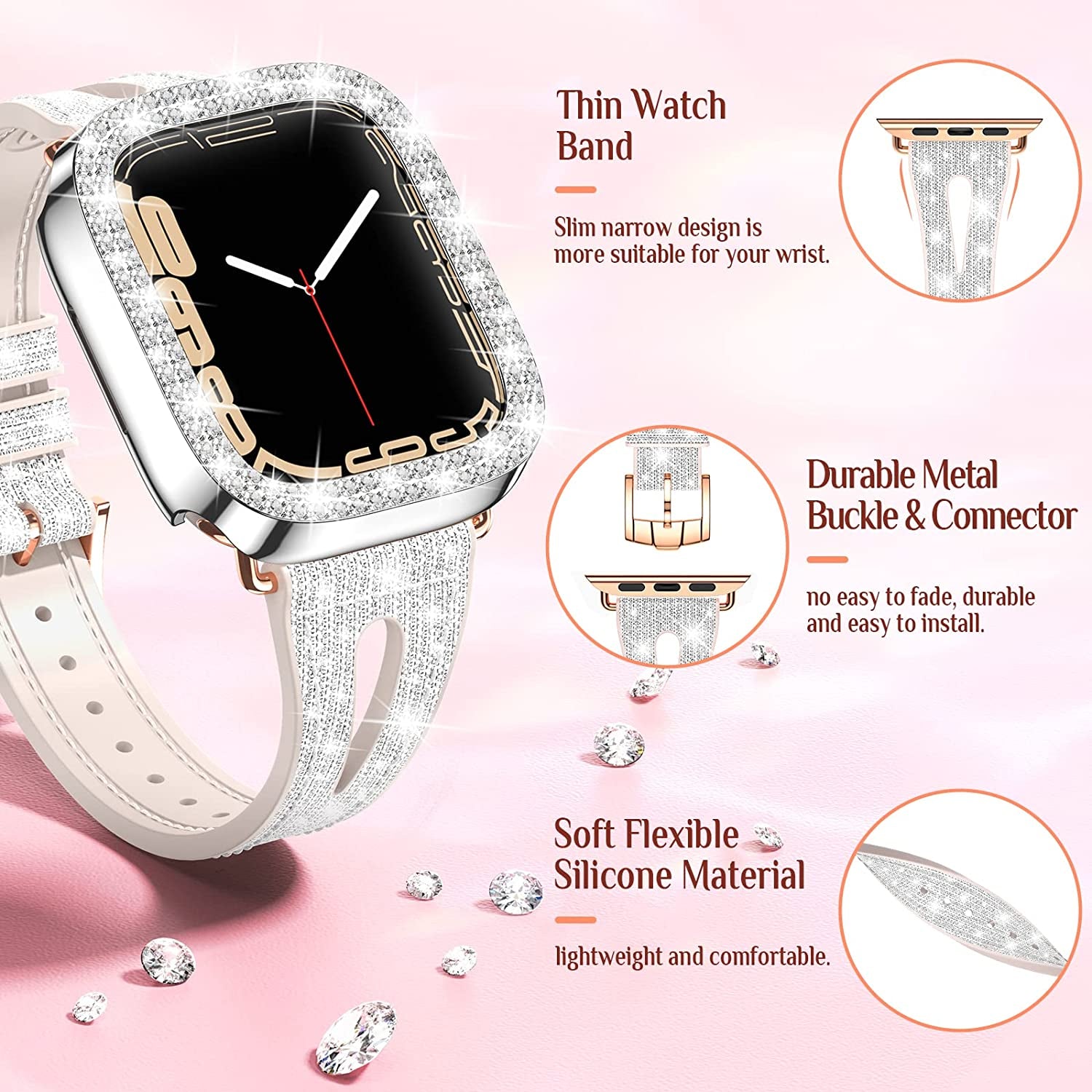 Goton Bling Band +Case for Apple Watch Bands 45Mm 44Mm 41Mm 40Mm 38Mm Series 8 7 SE 6 5 4 3 2 1, Women Glitter Silicone Thin Strap + Bumper Cover Designed for Iwatch Accessories  Yin-Goton   