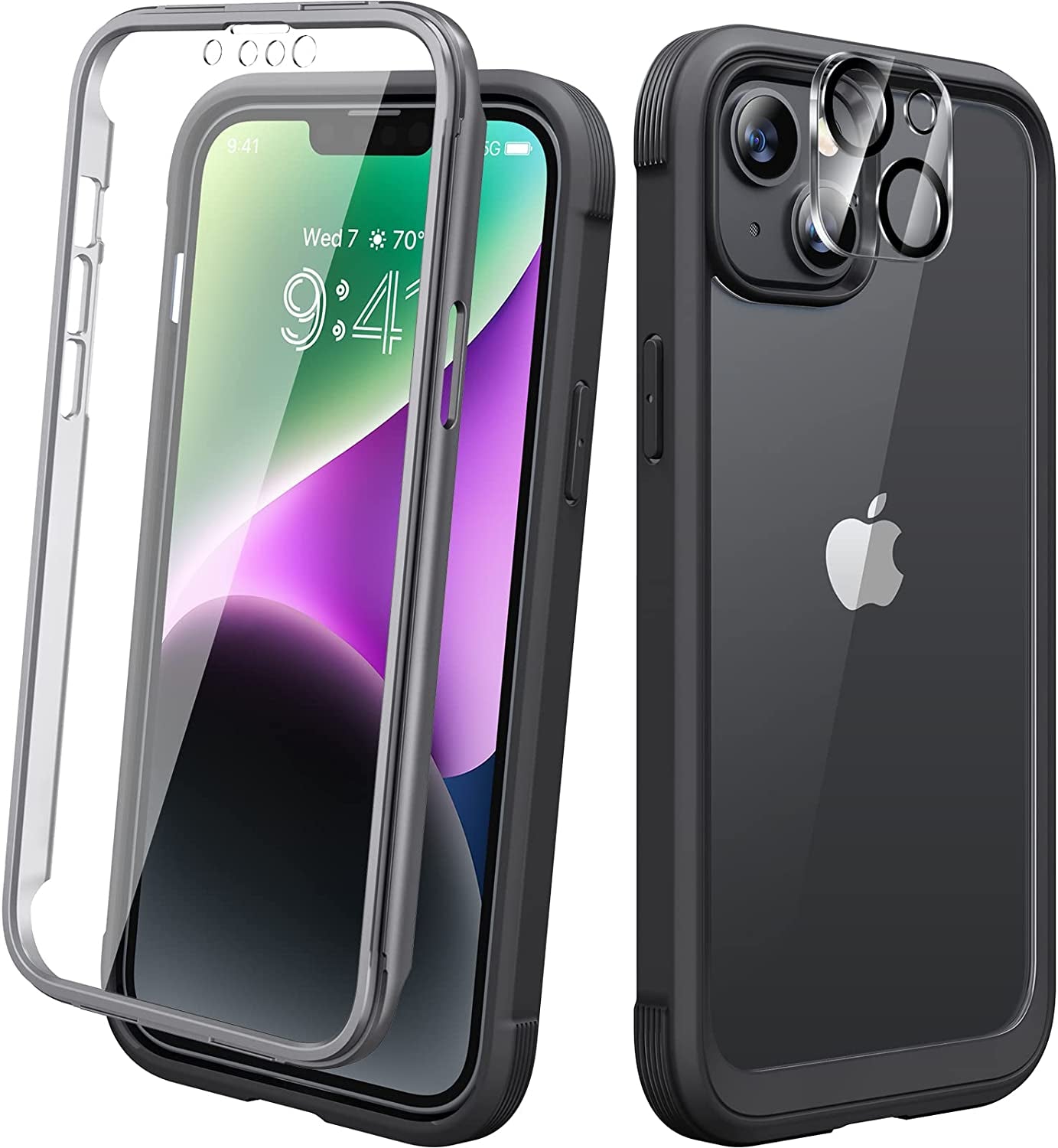 Diaclara Designed for Iphone 14 Case, Full Body Rugged Case with Built-In Touch Sensitive Anti-Scratch Screen Protector, with Camera Lens Protector for Iphone 14 6.1" (Camellia)  Diaclara Black and Clear  