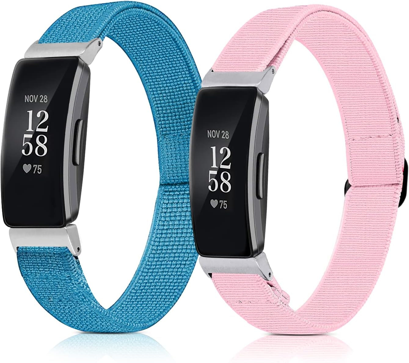 5 Pack Elastic Bands Compatible with Fitbit Inspire 2 / Inspire HR / Inspire / Ace 3 / Ace 2, Soft Loop Nylon Fabric Breathable Stretchy Replacement Straps Accessory Wristband for Women Men  POHNUI Pink Plain Weave + Lake Blue Plain Weave  