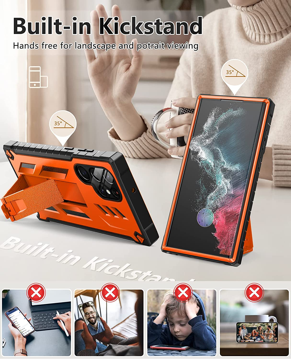 FNTCASE for Samsung Galaxy S22 Ultra Case: Built-In Screen Protector & Kickstand & Belt-Clip Holster, Extra Front Frame Full-Body Dual Layer Rugged Heavy Duty Shockproof Protective Phone Cover-Orange  FNTCASE   
