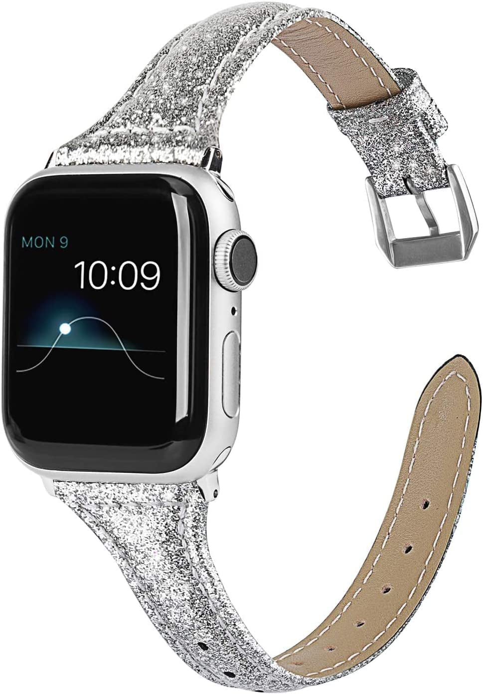 Wearlizer Rose Gold Leather Compatible with Apple Watch Leather Bands 38Mm 40Mm 41Mm Womens for Iwatch Series 8 7 6 5 4 3 2 1 SE Shiny Slim Smooth Wristband Bling Glitter Strap (Gold Clasp)  Wearlizer Silver 38/40/41mm 