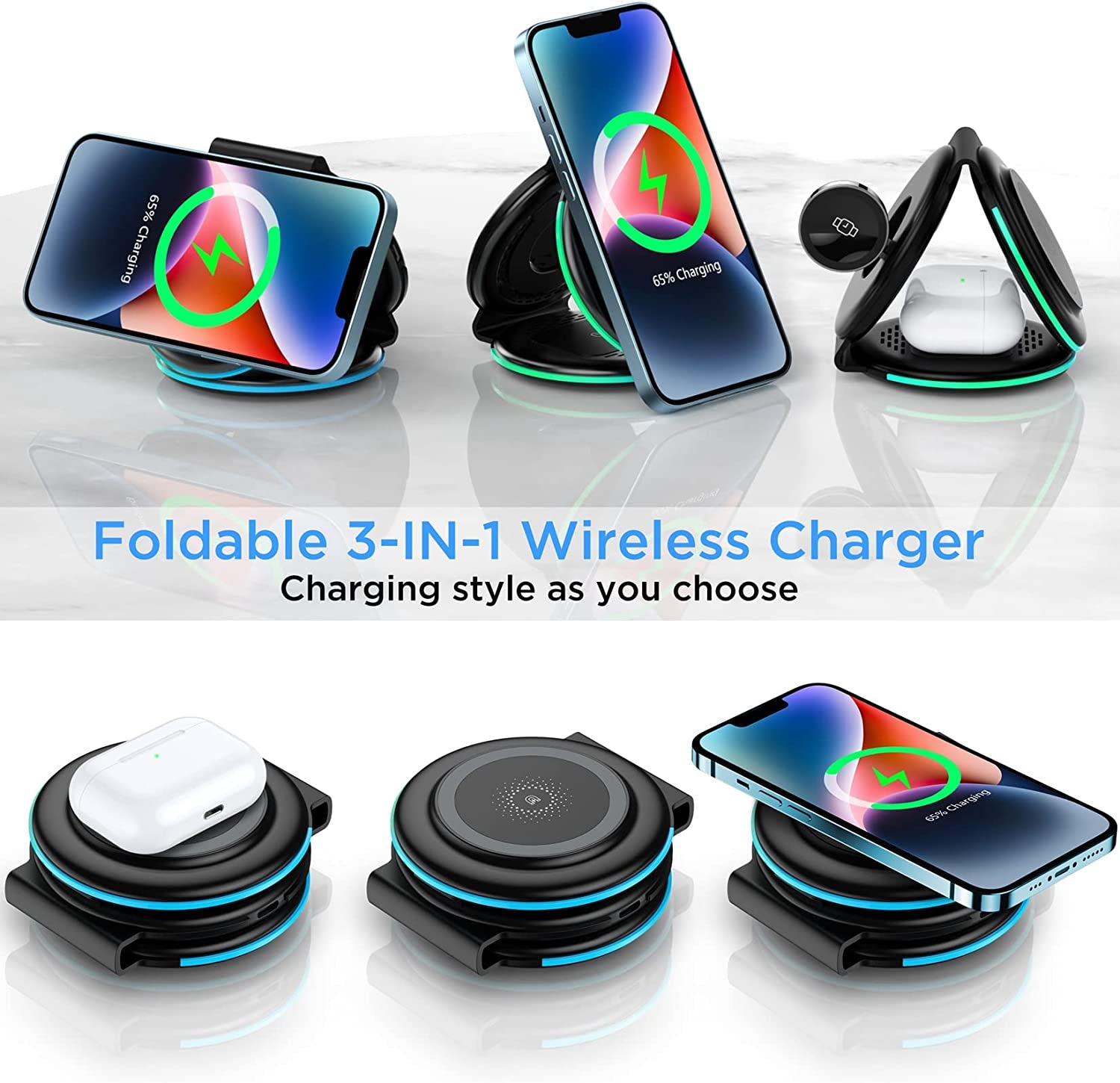 Wireless Charging Station, 3 in 1 Foldable Fast Wireless Charger Pad [Compatible with Magsafe Charger] for Iphone 14/Pro/Max/Plus/13/12 Series, Airpods 3/2/Pro, Apple Watch/Iwatch - Black  Temdan   