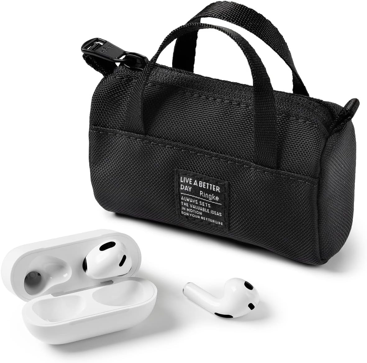 Ringke Mini Pouch Sports Bag Compatible with Airpods Pro Case and Airpods 3Rd, 2Nd, 1St Generation Case, Galaxy Buds Pouch, Universal Wireless Ear Buds Cover with Keychain for Women, Men - Ivory  Rearth Black  