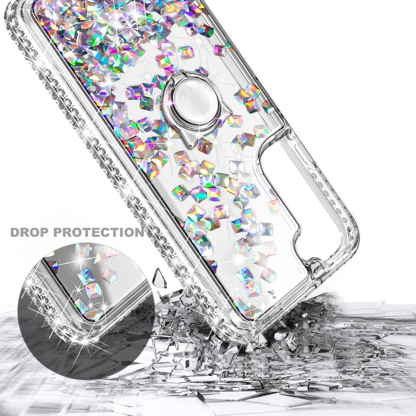 NGB Supremacy Compatible with Samsung Galaxy S22 plus Case (5G 6.6 Inch) with Screen Protector (Maximum Coverage, Flexible TPU), Ring Holder/Wrist Strap, Glitter Liquid Cute Case (Crystal Gem)  NGB Supremacy   
