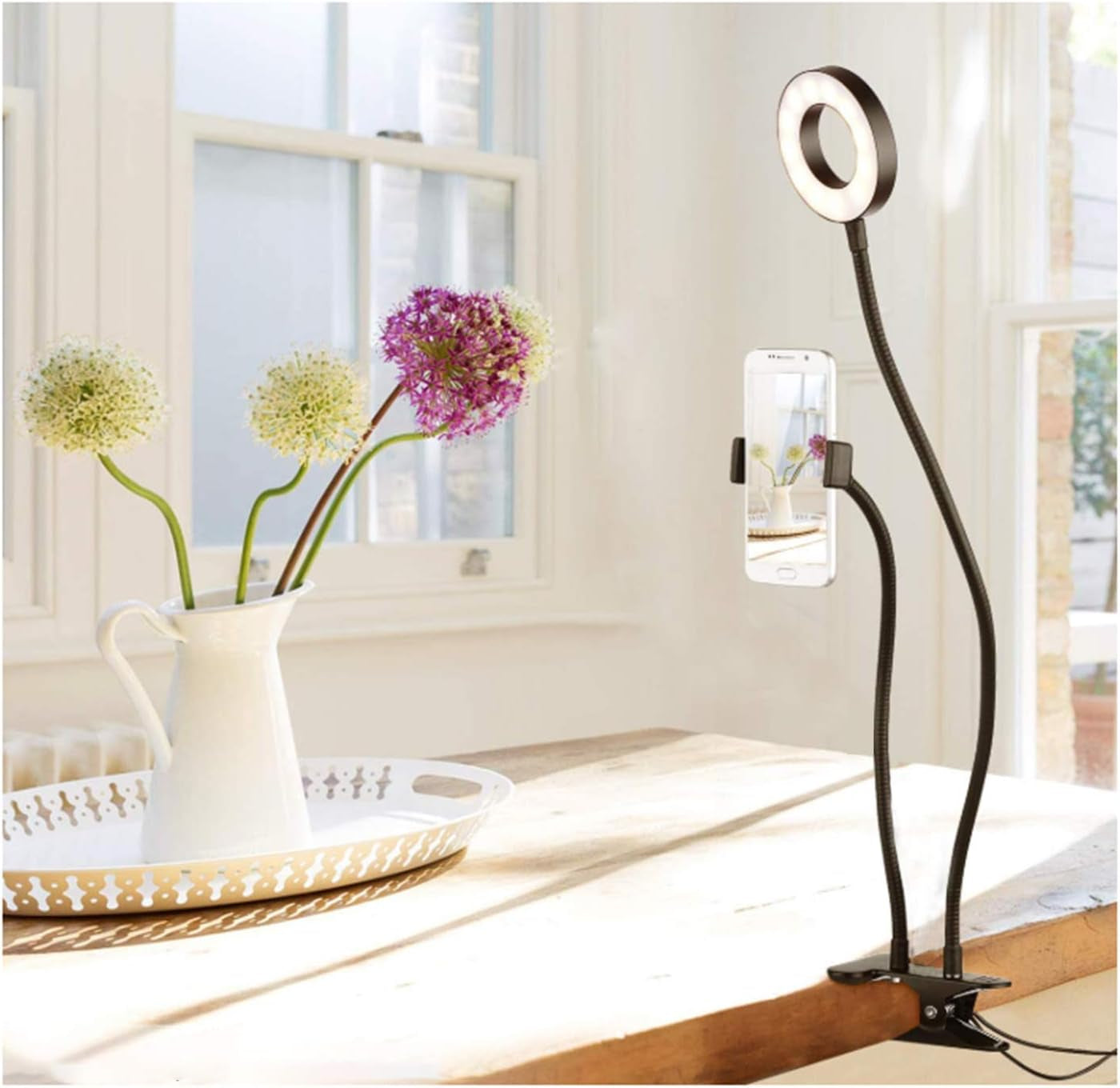 Fimghsoo Selfie Ring Light with Cell Phone Holder for Live Stream/Makeup/Video Chat, LED Camera Beauty Light with Flexible Arms[3-Light Mode][10-Level Brightness], Compatible Iphone Android Phone  Fimghsoo   