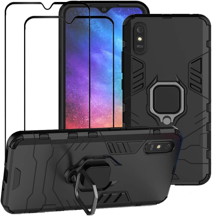 Fadream for Xiaomi Redmi 9A Case, Rugged Shockproof Dual Layer Heavy Duty Protective Kickstand Cover with [2 Pack] Tempered Glass Screen Protector (Blue)  FaDream Black  