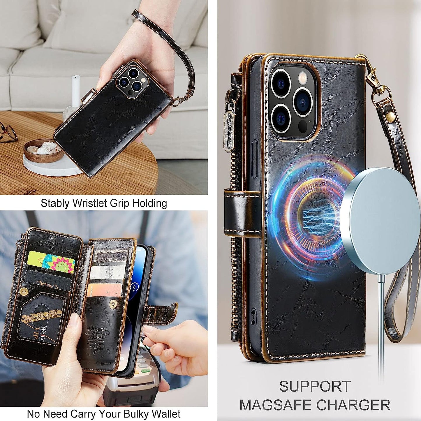 FLIPALM Wallet Case for Iphone 14 Pro(6.1") Flip Case,Compatible with Magsafe Charger,Pu Leather Zipper Protective Lanyard Strap Wristlet Case with Magnetic Closure and Card Holder Luxury Coffee  FLIPALM   