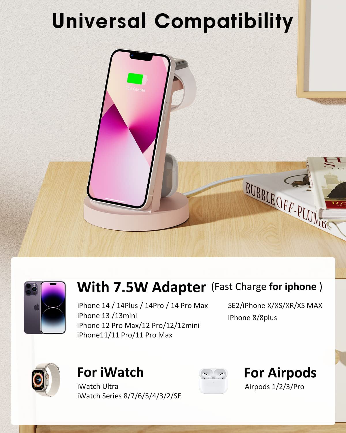 Wireless Charging Station, 3 in 1 Wireless Charger for Iphone 14/13/12/11/Pro/Se/Xs/Xr/X/8 Plus/8, Fast Wireless Charging Stand Dock for Apple Watch Series & Airpods(With Adapter)  shenzhenshijinzhizhuokejiyouxiangongsi   