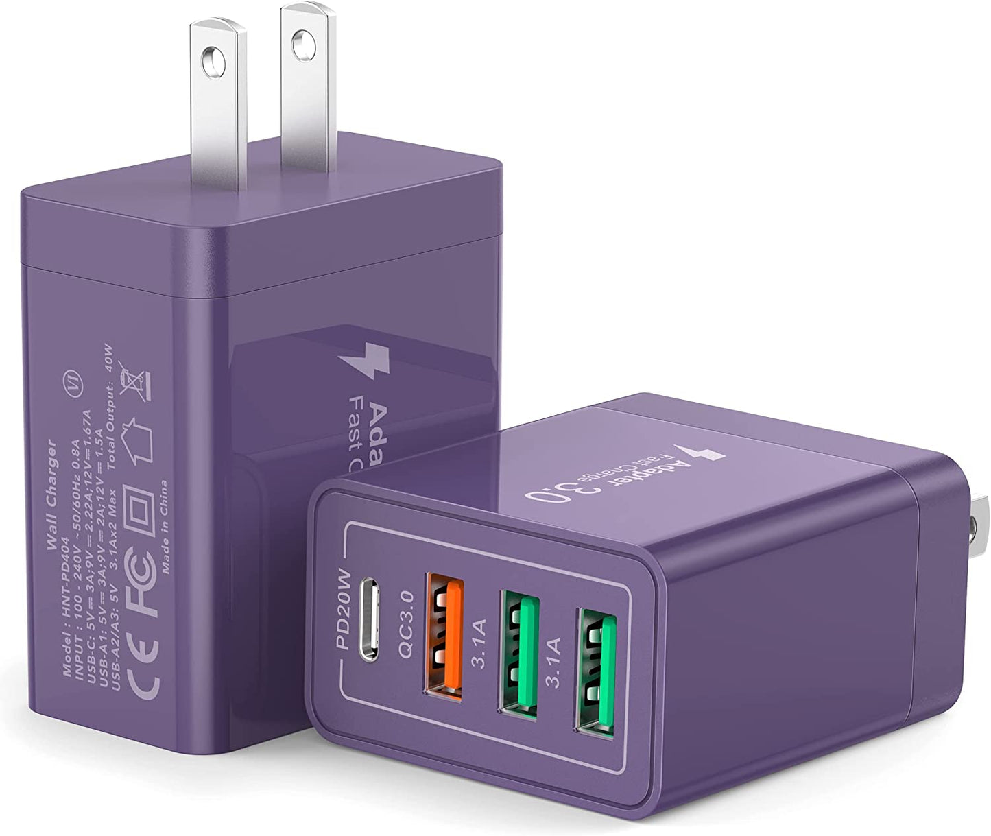 [2 Pack] USB-C Wall Charger, 40W Durable 4Port QC+PD 3.0 Power Adapter, Double Fast Plug Charging Block for Iphone 14/14 Pro/14 Pro Max/14 Plus/13/12/11, XS/XR/X, Watch Series 8/7 Cube(White)  CSODINCE Purple  