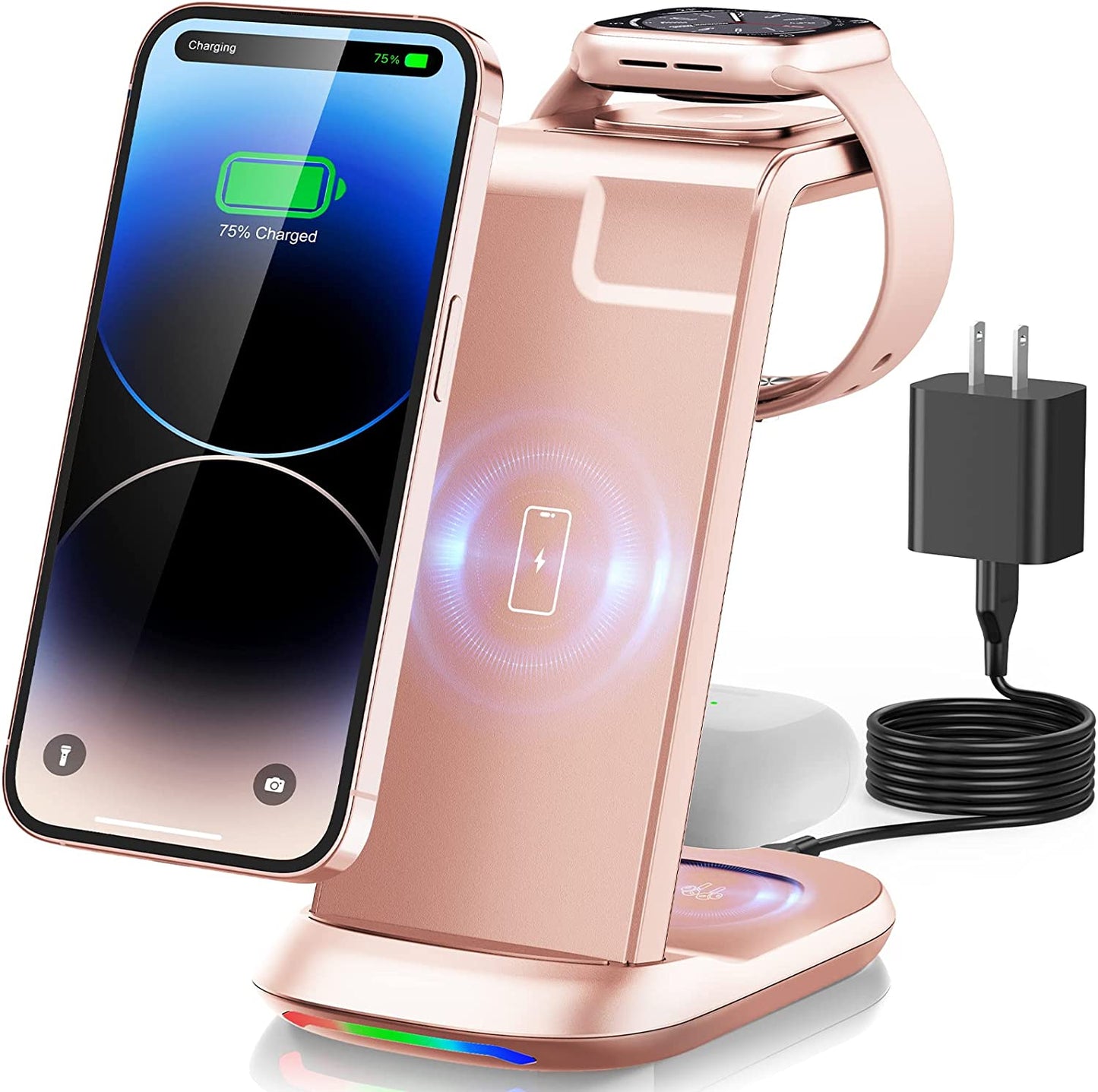 Wireless Charging Station,3 in 1 Fast Charger Stand Compatible with Iphone 14/13/12/11 Pro Max/X/Xs Max/8/8 Plus, Iwatch Series Ultra/8/7/6/5/Se/4/3/2, Airpods 3/2/Pro/Pro 2  Bifrost Rose Gold  